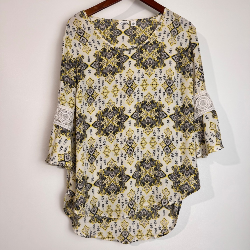 Cato Blouse Women Large Yellow 3/4 Sleeve Boho Medallion Crochet Bell Sleeve Top